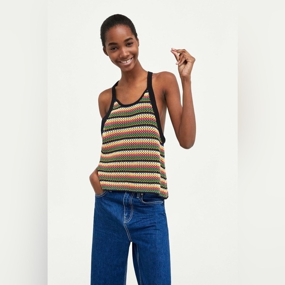 Zara Rainbow Knit 70s Style Racerback Tank Top, Size S - Picture 2 of 11